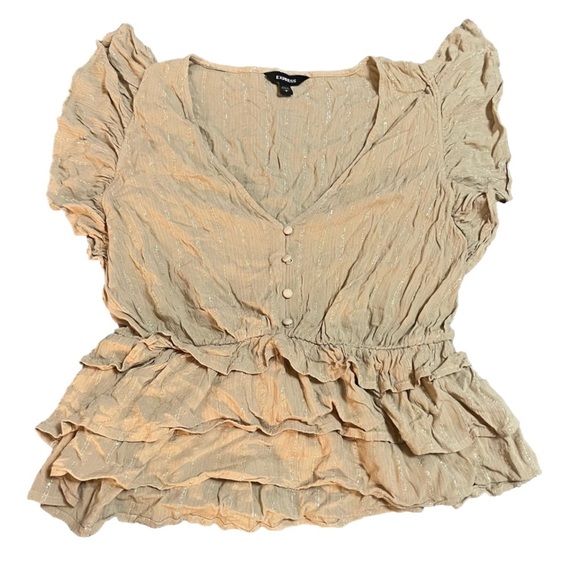 EXPRESS Metallic Beige Tiered Button Front Top - Small - Picture 2 of 2